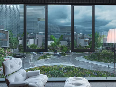Modern Townhouse Interior With Large Floor to Ceiling Windows Scenic Garden View And Cozy Seating Area 3d model