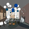 Modern Kindergarten Interior Design With Panda Plush Toy Bookshelves Round Pendant Lights And Carpet