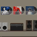 Hi Fi Stereo Audio System With Vinyl Records Wall Display And Speakers