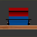 Stone And Wood Structure With Red Blue Components On Wooden Plank Base