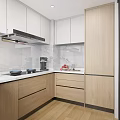 Modern Kitchen Interior With White Upper Cabinets Wooden Lower Cabinets And Marble Backsplash