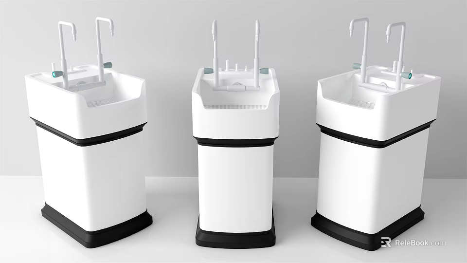 Three Industrial Washing Equipment Units Featuring White Body Black Base And Faucet Design 3d model 