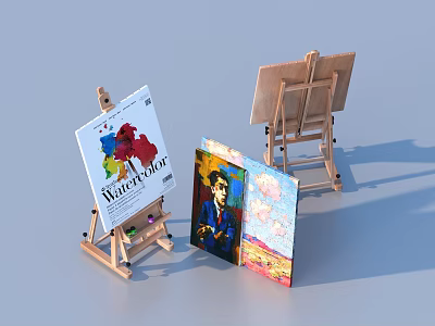 Art Supplies Set With Wooden Easels Canvas Boards And Watercolor Paintings 3d model