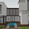 Modern White Detached Villa With Large Glass Windows Lawn And Garage