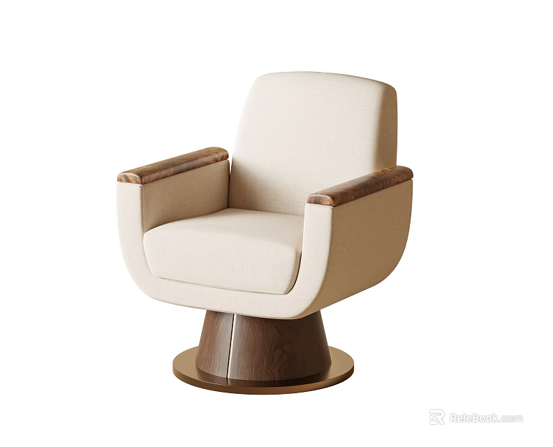 Beige Leisure Chair With Wooden Armrests And Modern Round Base Design 3d model 