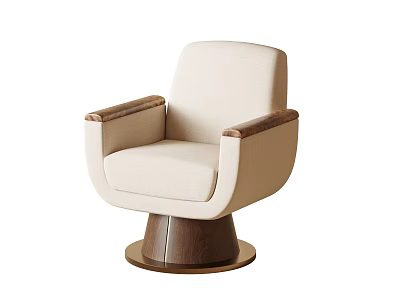Beige Leisure Chair With Wooden Armrests And Modern Round Base Design 3d model