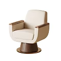 Beige Leisure Chair With Wooden Armrests And Modern Round Base Design