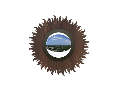 Circular Mirror with Brown Sunburst Frame Reflecting Blue Sky White Clouds and Green Fields 3d model