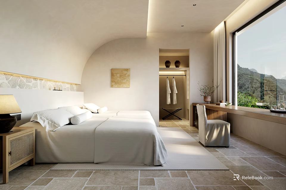 Hotel Guest Room Minimalist Design Large Bed White Bedding Curved Walls And Mountain View Window 3d model 