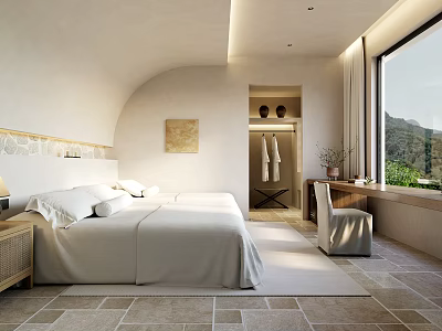 Hotel Guest Room Minimalist Design Large Bed White Bedding Curved Walls And Mountain View Window 3d model