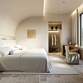 Hotel Guest Room Minimalist Design Large Bed White Bedding Curved Walls And Mountain View Window