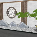 Chinese Modern Scenic Wall with Circular Landscape Painting Vertical Slats Stone Arrangement and Pine Trees