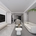 Modern Dining and Living Room Interior With Dining Table Chairs Sofa Rug And Potted Plant