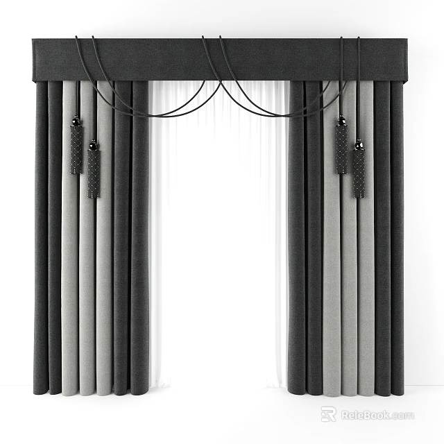 Elegant Black and Gray Curtains with Valance Sheer Panels and Decorative Tassels Window Treatment 3d model 
