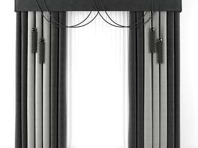 Elegant Black and Gray Curtains with Valance Sheer Panels and Decorative Tassels Window Treatment 3d model