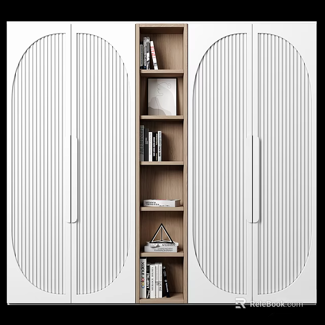 Modern White Bookshelf With Striped Doors And Open Wooden Shelves For Storage And Book 3d model 
