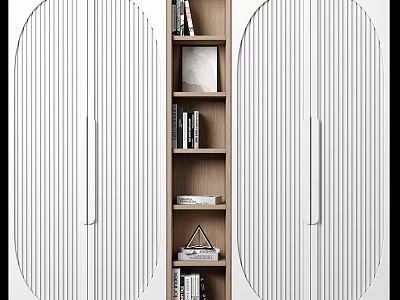 Modern White Bookshelf With Striped Doors And Open Wooden Shelves For Storage And Book 3d model