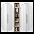 Modern White Bookshelf With Striped Doors And Open Wooden Shelves For Storage And Book