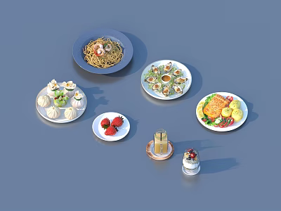 Assorted Delicious Foods Including Noodles Dumplings Strawberries Vegetable Rolls And Dessert On Colorful Plates 3d model