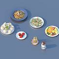 Assorted Delicious Foods Including Noodles Dumplings Strawberries Vegetable Rolls And Dessert On Colorful Plates
