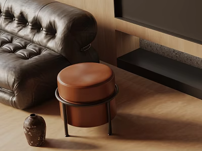 Brown Leather Side Table with Dark Brown Leather Sofa on Wooden Floor in Minimalist Design 3d model