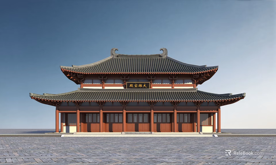 Ancient Chinese Architecture With Two Story Traditional Curved Eaves Roof Red Pillars And Wooden Doors 3d model 