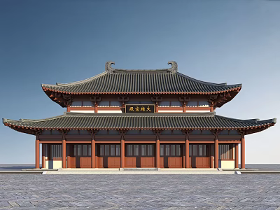 Ancient Chinese Architecture With Two Story Traditional Curved Eaves Roof Red Pillars And Wooden Doors 3d model