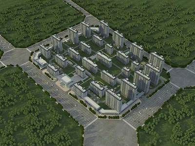 High Rise Residential Buildings Surrounded by Lush Green Trees in Organized Layout 3d model