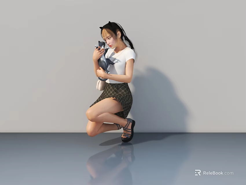 Woman in White T-shirt and Plaid Skirt Using Smartphone Against Gray Background with Floor Reflection 3d model 