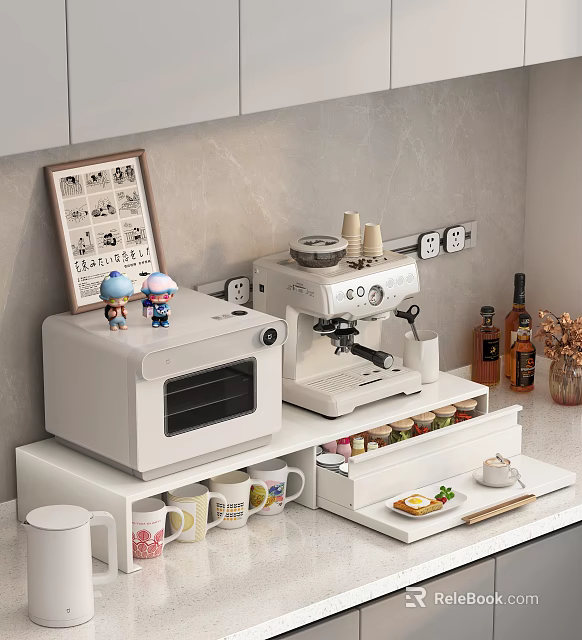 Cozy Kitchen Counter With White Microwave Coffee Machine Small Dolls Photo Frame And Condiments 3d model 