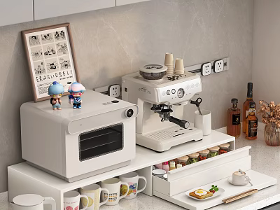 Cozy Kitchen Counter With White Microwave Coffee Machine Small Dolls Photo Frame And Condiments 3d model