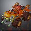 Red Cartoon Off Road Vehicle with Large Tires Orange Green Accents and Spikes