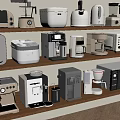 Assorted Kitchen Appliances Displayed On Wooden Shelves In Modern Kitchen
