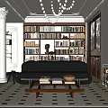 Modern Living And Dining Room Interior With Leather Sofa Bookshelf And Crystal Chandelier