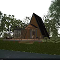 Scenic Wooden Cabin With Triangular Roof Waterfront Lush Trees Wooden Deck And Stairs