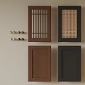 Various Design Wardrobe Doors Including Wooden Black Grid And Perforated Panels With Knobs 3d model