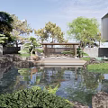 Rockery Stones In Serene Garden With Pond Surrounding Trees Pavilion And Outdoor Sofa