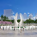 Park Landscape With Circular Fountain White Sculpture Pink Flowering Trees People Enjoying City Skyline