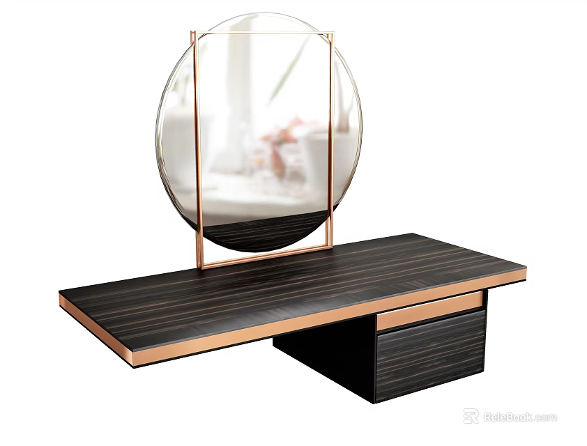 Modern Dressing Table With Black Wooden Striped Top And Brass Round Mirror 3d model 