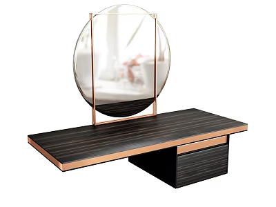 Modern Dressing Table With Black Wooden Striped Top And Brass Round Mirror 3d model