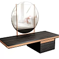 Modern Dressing Table With Black Wooden Striped Top And Brass Round Mirror
