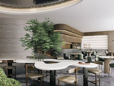 Modern Elegant Café Interior With Marble Countertop Green Plants Wooden Decor And Round Bar Design 3d model