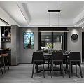 Modern Dining and Living Room Interior with Open Layout Decorative Paintings and Lighting