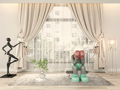 Beige Curtains With Window Blinds And Green Plant In Modern Interior Decor 3d model