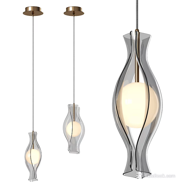 Modern Streamlined Transparent Glass Pendant Lights With Spherical Bulbs And Three Sizes 3d model