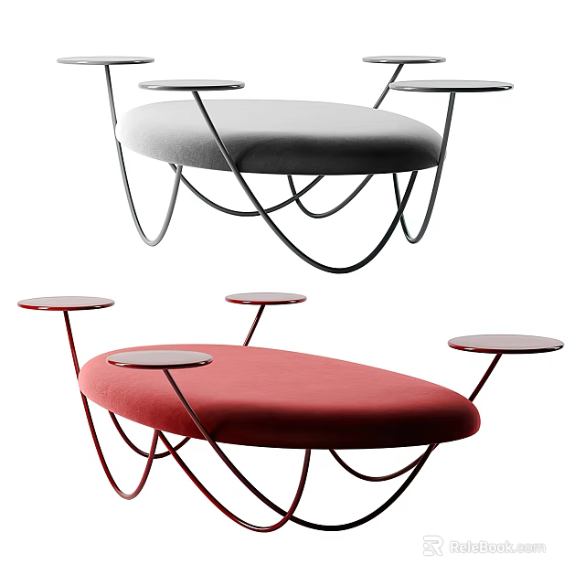 Modern Lounge Chair With Curved Metal Frame Red Gray Upholstery And Side Tray Tables 3d model 