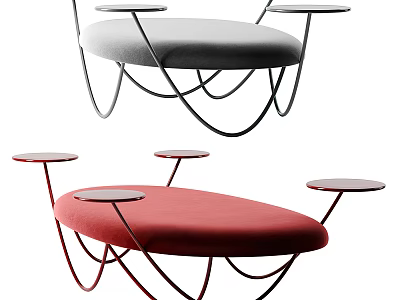 Modern Lounge Chair With Curved Metal Frame Red Gray Upholstery And Side Tray Tables 3d model