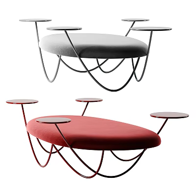 Modern Lounge Chair With Curved Metal Frame Red Gray Upholstery And Side Tray Tables 3d model