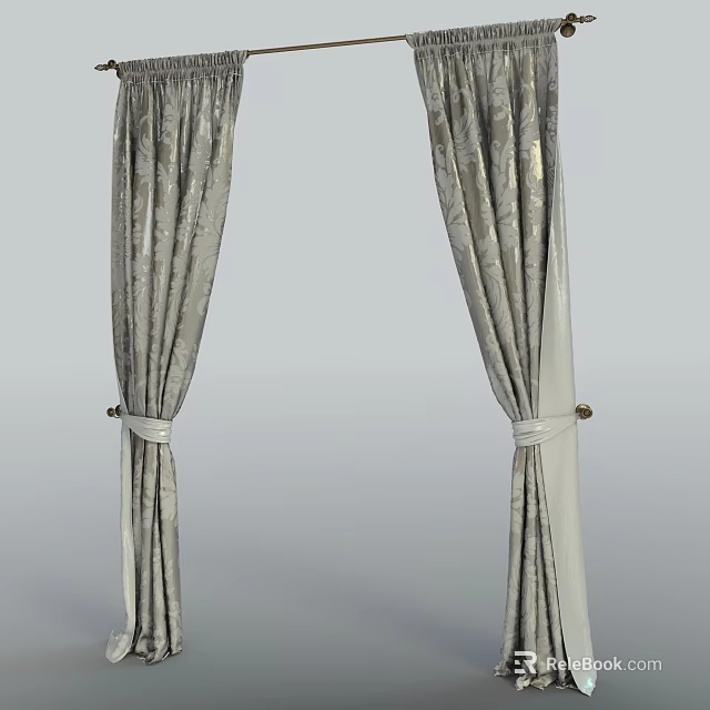 Elegant Gray Velvet Curtains With White Tiebacks For Modern Home Interior 3d model 