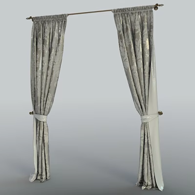 Elegant Gray Velvet Curtains With White Tiebacks For Modern Home Interior 3d model